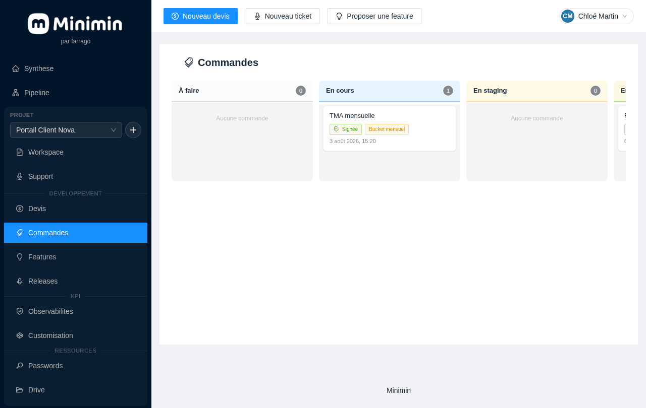 Kanban de suivi de production dans Minimin