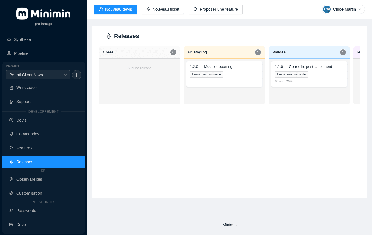 Kanban des releases et du changelog dans Minimin