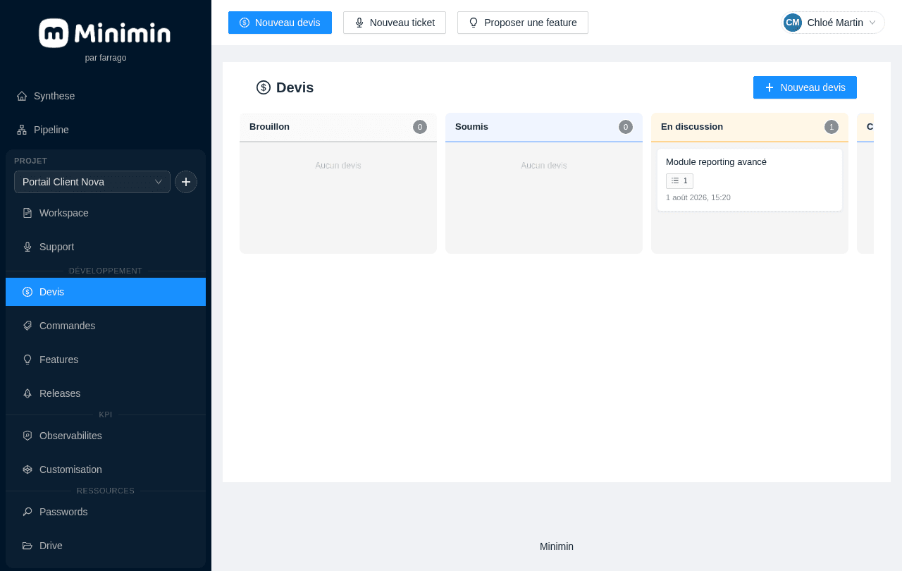 Kanban des devis en ligne dans Minimin